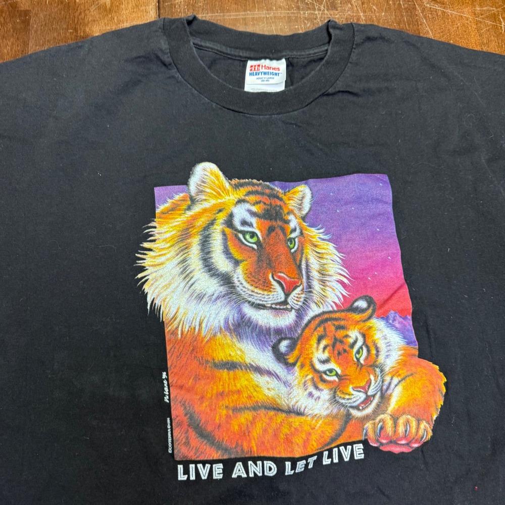 Vtg Live And Let Live Tiger Graphic EcoTerra Mens XL Black 1996 Hanes TShirt USA